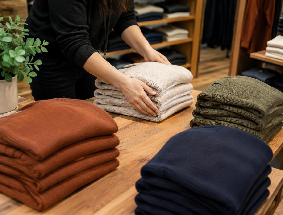 A store associate re-merchandising a display table as follow-up evidence